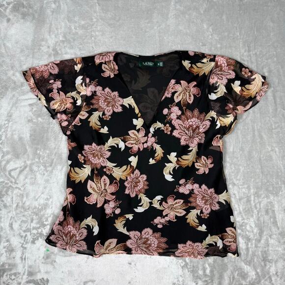 Lauren‎ Ralph Lauren Georgette Top XL Printed Flutter Sleeve - Picture 1 of 11